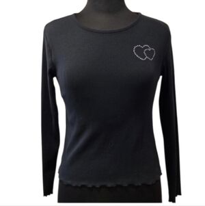 Y2K Baddie Black Long Sleeve Top Rhinestone Heart Ribbed YFK small?